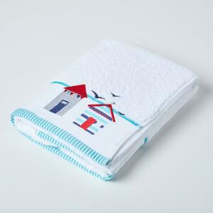 Homescapes White and Blue Beach Bath Towel 100% Cotton