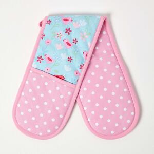 Homescapes Cotton Birds and Flowers Pink Blue Double Oven Glove