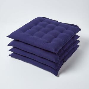 Navy Blue Plain Seat Pad with Straps 100% Cotton 40 x 40 cm, Set of 4