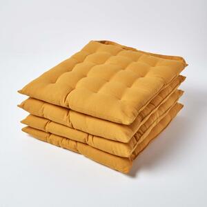 Mustard Yellow Plain Seat Pad with Button Straps, 40 x 40cm, Set of 4