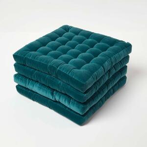 Set of 4 Teal Green Quilted Velvet Seat Chair Pad 40x40cm with Ties