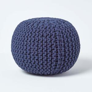 Homescapes Navy Blue Knitted Cotton Pouffe Footstool Round 35 x 40 cm