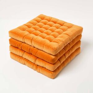 Set of 4 Orange Quilted Velvet Seat Chair Pad 40x40cm with Ties