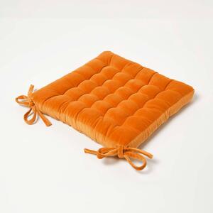 Homescapes Orange Quilted Velvet Seat Chair Pad 40x40cm with Ties