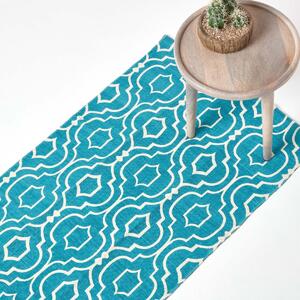 Riga Handwoven Teal and White 100% Cotton Printed Patterned Hall Runner, 66 x 200 cm