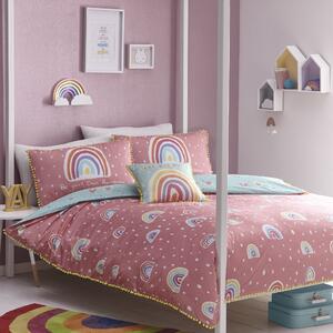 Rainbow Pom Pom Single Duvet Cover and Pillowcase Set Pink