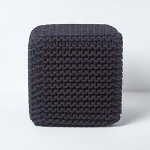 Homescapes Black Knitted Cotton Cube Footstool 35 x 35 x 35 cm