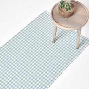 Homescapes Cotton Gingham Check Hall Runner Hand Woven Blue White, 66 x 200 cm