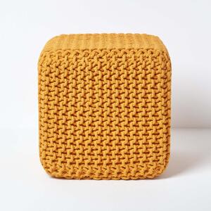 Homescapes Mustard Knitted Cotton Cube Footstool 35 x 35 x 35 cm