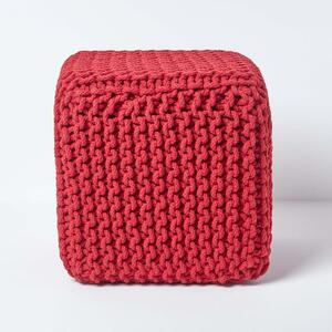 Homescapes Red Knitted Cotton Cube Footstool 35 x 35 x 35 cm