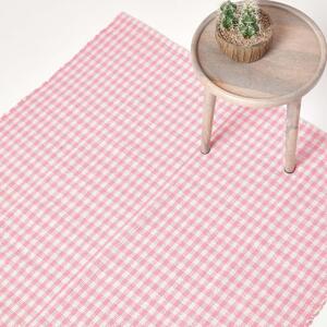 Homescapes Cotton Gingham Check Rug Hand Woven Pink White, 60 x 90 cm