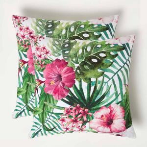 Homescapes Floral Leaf Outdoor Cushions for Garden Water Resistant 45cm, Set of 2