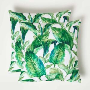 Homescapes Green Leaf Outdoor Cushions for Garden Water Resistant 45 cm, Set of 2