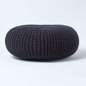 Homescapes Black Knitted Cotton Large Round Pouffe Footstool 70 x 23 cm