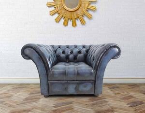 Chesterfield Armchair Buttoned Seat Antique Blue Leather In Balmoral Style