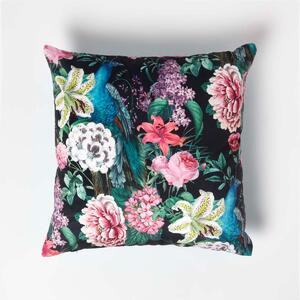 Homescapes Floral Peacock Garden Black Velvet Cushion 46 x 46 cm