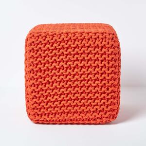 Homescapes Burnt Orange Knitted Cotton Cube Footstool 35 x 35 x 35 cm