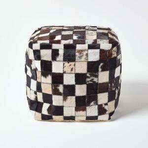 Homescapes Genuine Leather Brown Check Design Bean Filled Pouffe