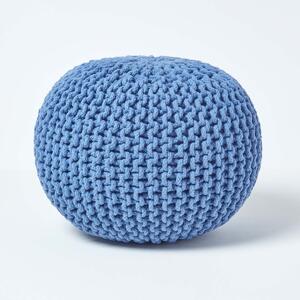 Homescapes Blue Knitted Cotton Pouffe Footstool Round 35 x 40 cm