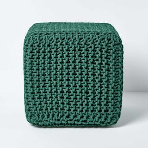 Homescapes Forest Green Knitted Cotton Cube Footstool 35 x 35 x 35 cm