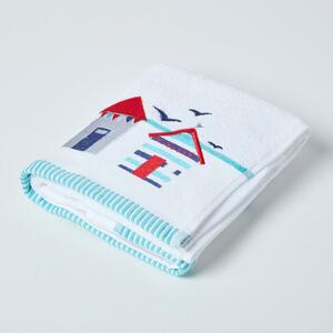 Homescapes White and Blue Beach Hut Hand Towel 100% Cotton