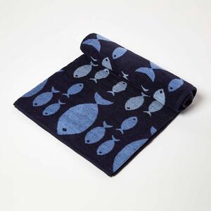 Homescapes 100% Recycled Cotton Blue Fish Beach Towel, 90 x 180 cm