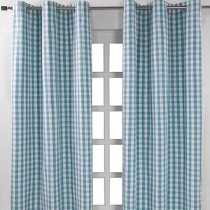 Cotton Blue Gingham Block Check Ready Made Eyelet Curtains 117 x 137cm