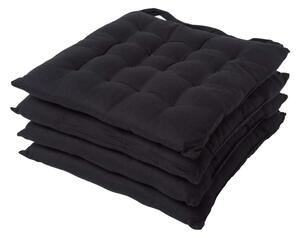 Black Plain Seat Pad with Button Straps Cotton 40 x 40 cm, Set of 4