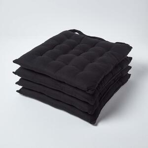 Black Plain Seat Pad with Button Straps Cotton 40 x 40 cm, Set of 4