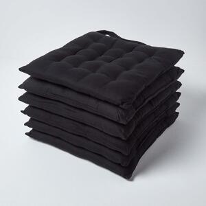 Black Plain Seat Pad with Button Straps Cotton 40 x 40 cm, Set of 6