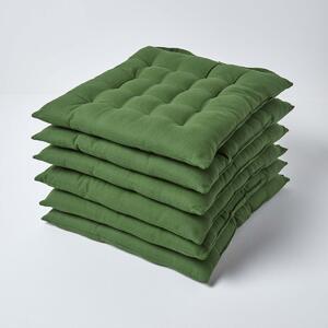 Homescapes Dark Olive Plain Seat Pad with Button Straps, 40 x 40cm, Set of 6