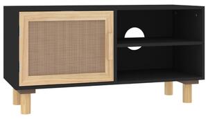 TV Cabinet Black 80x30x40 cm Solid Wood Pine and Natural Rattan