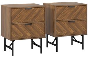 HOMCOM Bedside Table Set of 2 with 2 Drawers, Modern Side Tables with Herringbone Pattern and Metal Legs for Bedroom, Living Room, Walnut Brown