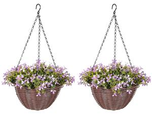 HOMCOM Artificial Flowers in Basket Set of 2, Artificial Hanging Baskets with 75 Leaves and 15 Flowers in Pot, Decorative Plant for Home Office Decor, Purple