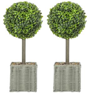 HOMCOM Set of 2 Decorative Artificial Plants, 50cm Faux Boxwood Topiary Balls with Woven Plastic Pot and Pebbles, Fake Plants for Home or Office Decor, Green