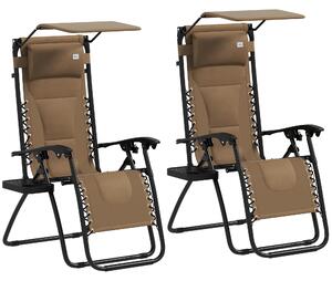 Outsunny Zero Gravity Lounger Chair Set of 2, Folding Reclining Patio Chair with Shade Cover, Cup Holder, Soft Cushion and Headrest, Brown