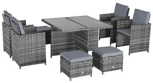 Outsunny 9PC Rattan Dining Set Garden Furniture 8-seater Wicker Outdoor Dining Set Chairs + Footrest + Table Thick Cushion - Grey