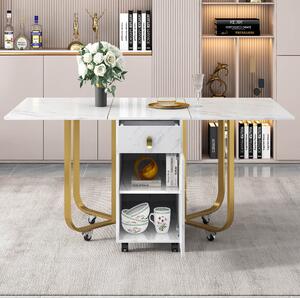 Folding Extendable Dining Table with Cupboard and 2 Drawers, Space-Saving Utility Table with Castors and Adjustable Legs, White/Gold Aosom UK