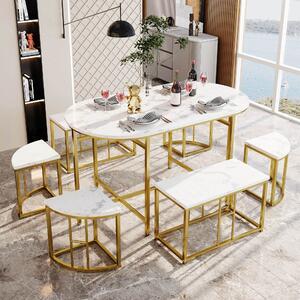 Modern Luxury 6 Seater Dining Table Set with Six Chairs, Soft Velvet Seat Cushions and Gold-Plated Iron Frames, 140x70x75 cm Gold Aosom UK