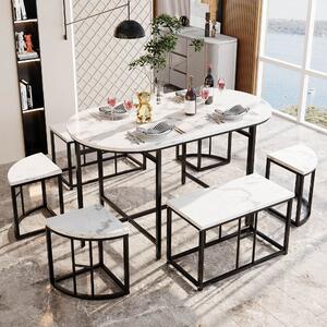 Modern Luxury 6 Seater Dining Table Set with Six Chairs, Soft Velvet Seat Cushions and Gold-Plated Iron Frames, 140x70x75 cm Black Aosom UK