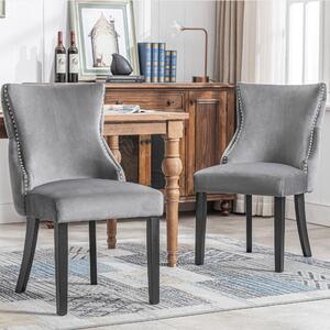 Upholstered Velvet Dining Chairs with Nail Head Trim and Adjustable Black Solid Wood Legs, Velvet Fabric Dining Chairs Set of 2, Grey Aosom UK