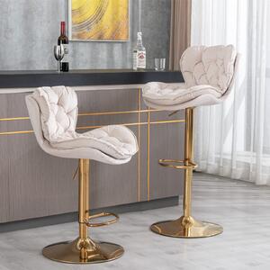 Set of 2 Adjustable Bar Stools with Rolling Edge Backrest, Electroplated Gold Legs, 66-86 cm Height, 360° Rotatable, Base 41x41 cm, Beige Aosom UK