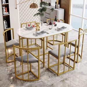 Modern Dining Table and 6 Chairs with Backrests and Upholstery, Dining Table Set with Marble Pattern, Gold Iron Frame, 140x80x76 cm, Gold Aosom UK