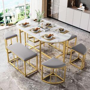 Modern Dining Table and Chairs Set with 4 Small Stools and 2 Large Stools and , Gold Iron Frame, Load Capacity 120 kg, 140×70×76 cm, Gold Aosom UK