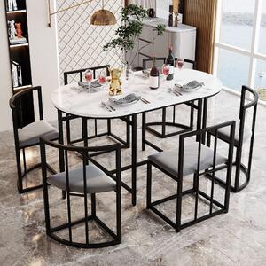 Modern Dining Table and 6 Chairs with Backrests and Upholstery, Dining Table Set with Marble Pattern, Gold Iron Frame, 140x80x76 cm, Black Aosom UK