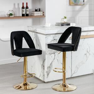 Set of 2 Adjustable Bar Stools with Hollow Backrest Design and Electroplated Gold Legs, 360° Rotatable, Seat Height 63.5-83.5 cm, Black Aosom UK