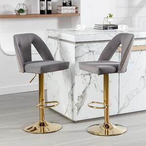 Set of 2 Adjustable Bar Stools with Hollow Backrest Design and Electroplated Gold Legs, 360° Rotatable, Seat Height 63.5-83.5 cm, Grey Aosom UK
