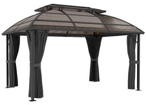 Outsunny Aluminium Frame 4 x 3(m) Polycarbonate Gazebo with Curtains, Nettings, Double Roof for Lawn, Yard, Patio, Deck, Brown