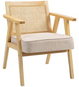 HOMCOM Bohemian Armchair, Fabric Accent Chair with Rattan Back, Rubber Wood Frame and Padded Seat Cushion for Living Room, Bedroom, Home Office, Natural Wood Finish