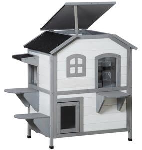 PawHut 2-Story Indoor or Outdoor Cat House W/ Escape Door, Cat Shelter, White
